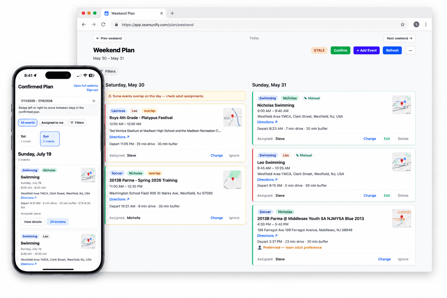 Sports Planner showing a shared family weekend plan on desktop and iPhone